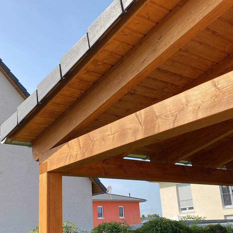 Terrassenüberdachung Leimholz, Braas Harzer Pfanne Dacheindeckung Terrassenüberdachung, Leimholz Terrassenüberdachung
